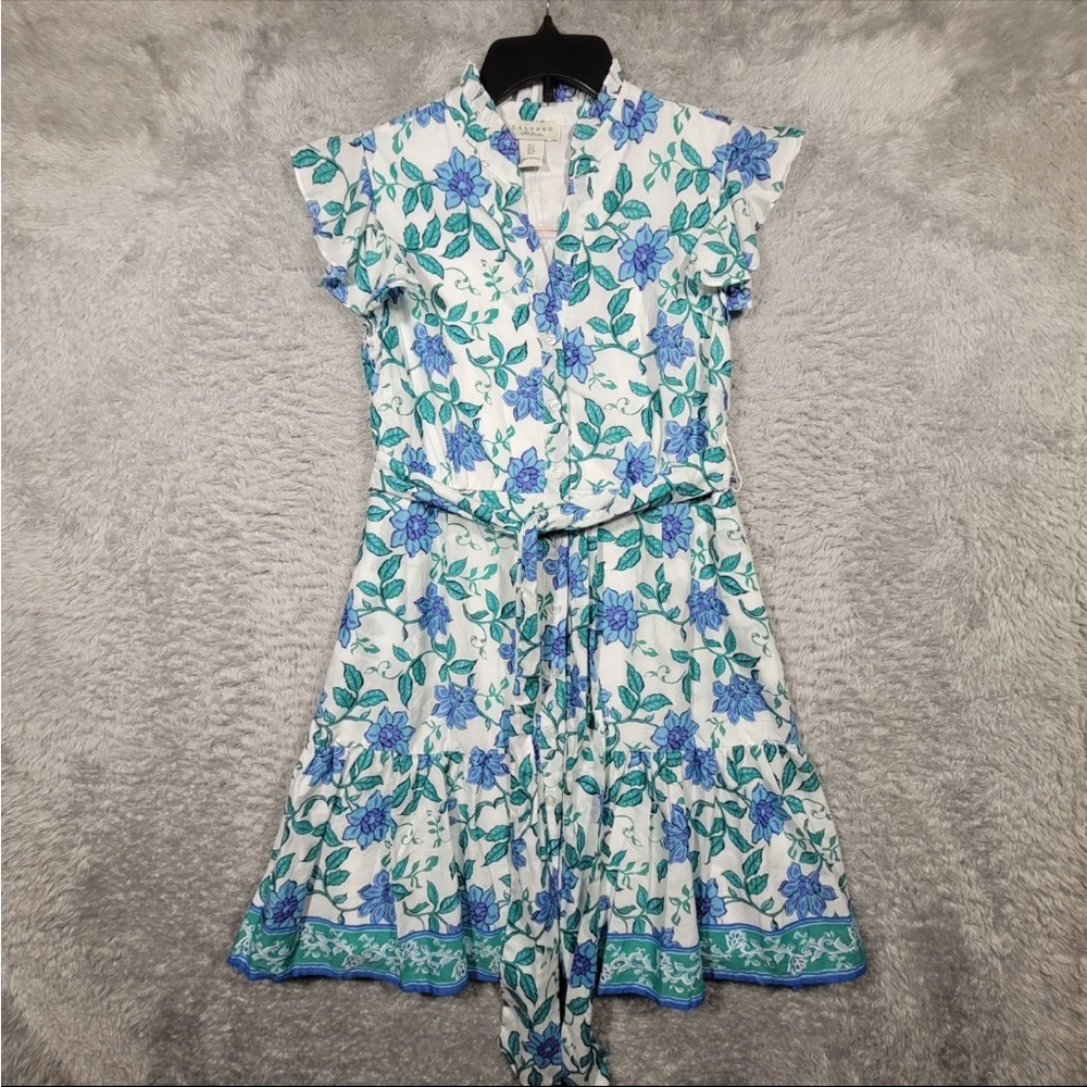 Calypso St. Barth Floral Print Dress Women 8 Tie Waist Ruffle Sleeve White Blue